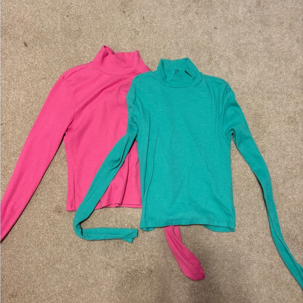 Long Sleeve Turtleneck Tops - Pink and Green